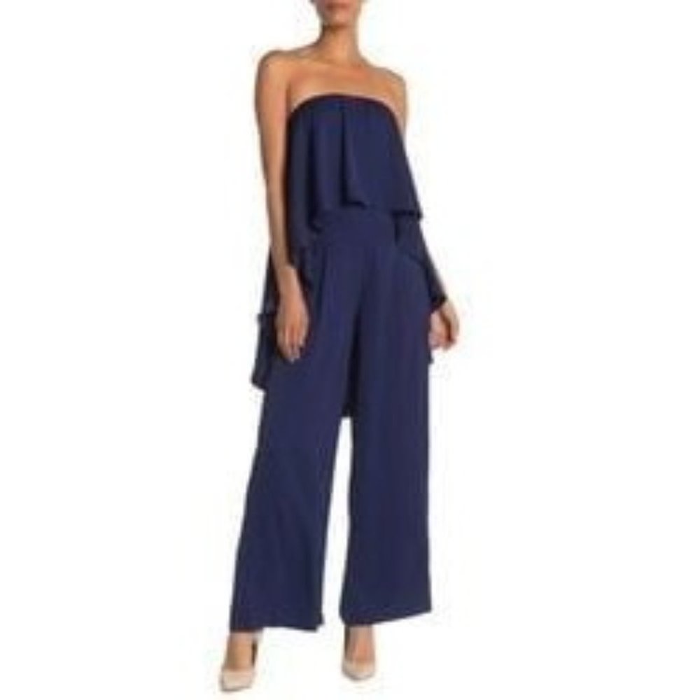 Gracia Strapless Ruffle-Front Navy Wide-Leg Jumpsuit